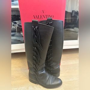 Valentino Side Fringe Flat Knee Boot, Black size 37